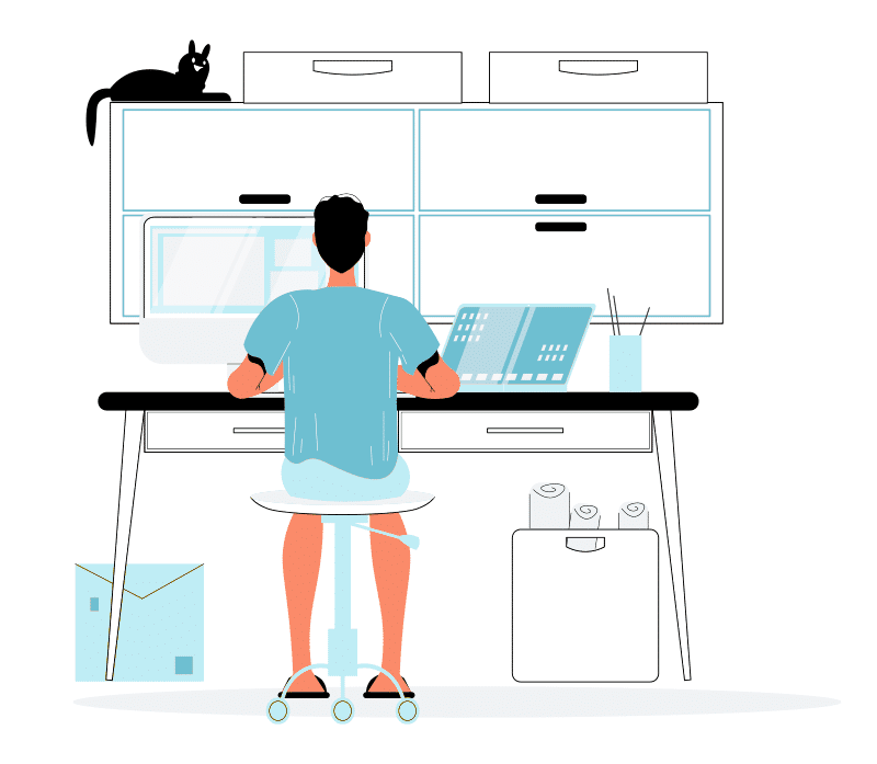 Illustration of a man working remotely from his home using Extilum Remote desktop office