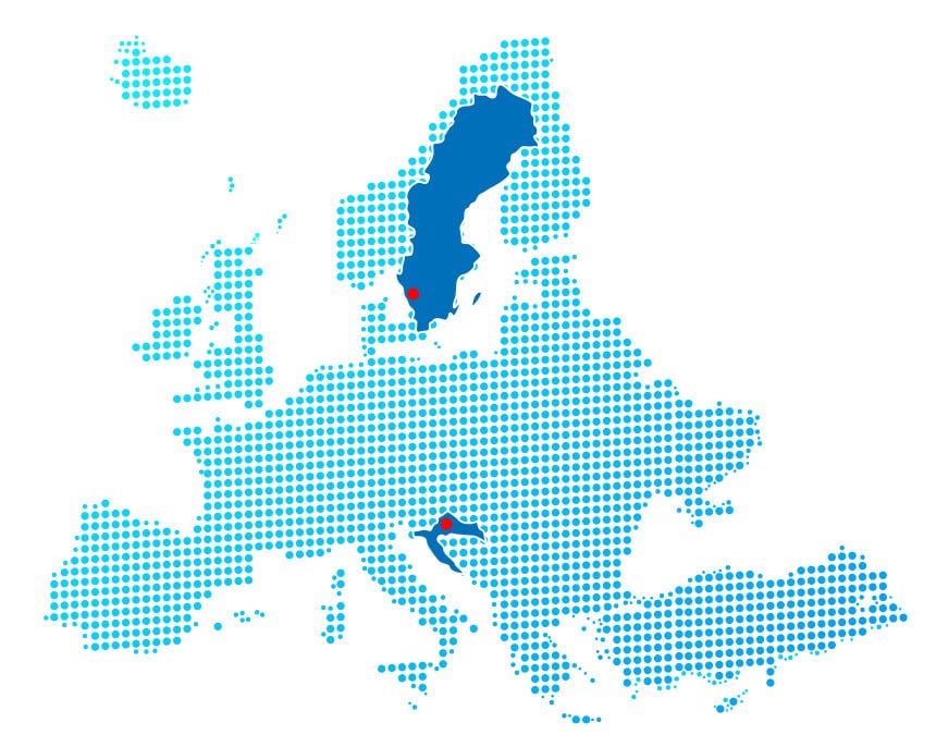 Europe map with Extilums server locations in Sweden and Croatia